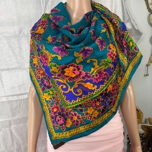 Balenciaga 100% silk Floral Teal and Purple Scarf NWOT